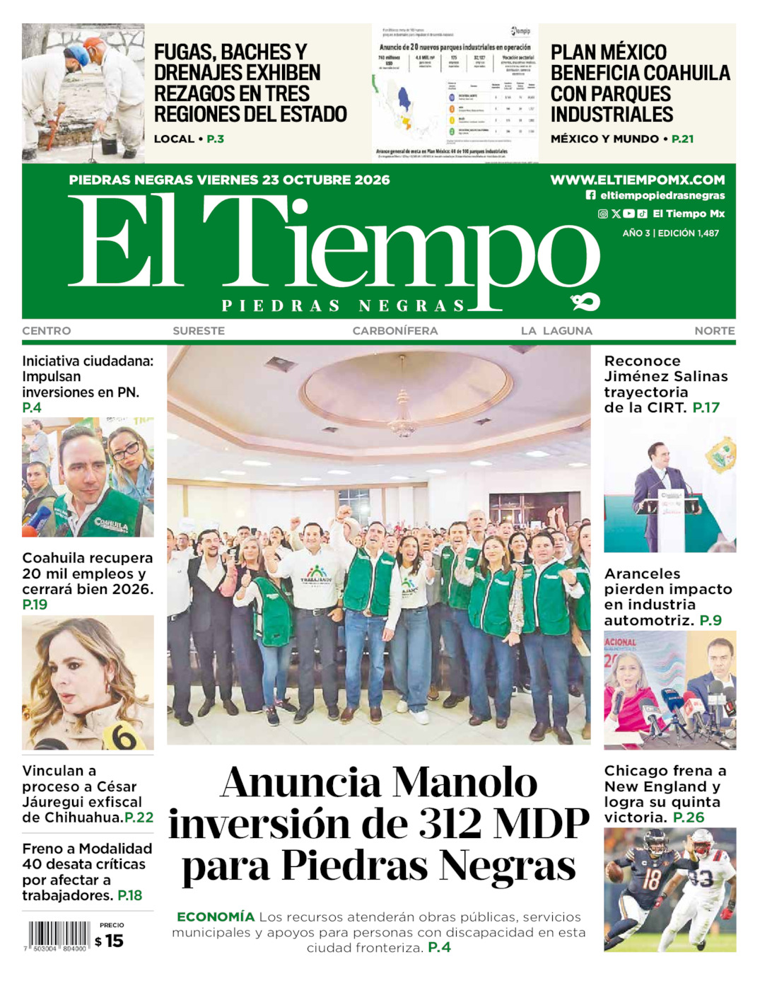 Edición impresa: Portada del viernes 23 de octubre de 2026, El Tiempo de <strong>Piedras Negras</strong>